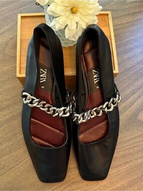 Zara Black Mary Jane Chain Flat Biker Grunge Goth